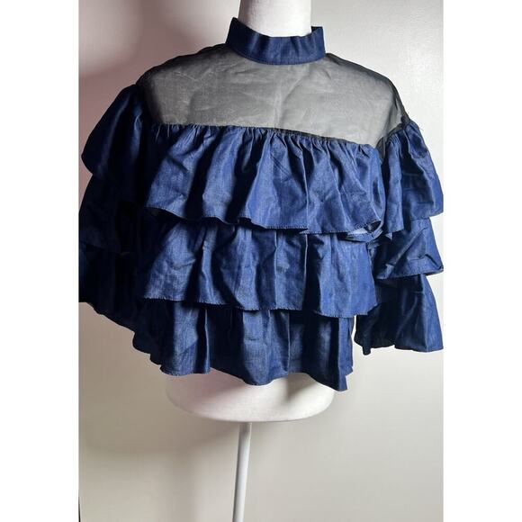 Garcia Ruffle Mock Neck Zip Back Mesh & Denim Ruffle Sleeve Blouse Small NWOT - Picture 1 of 8